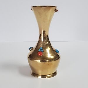 Vintage Brass Vase Turquoise and Coral Accents Boho Vase